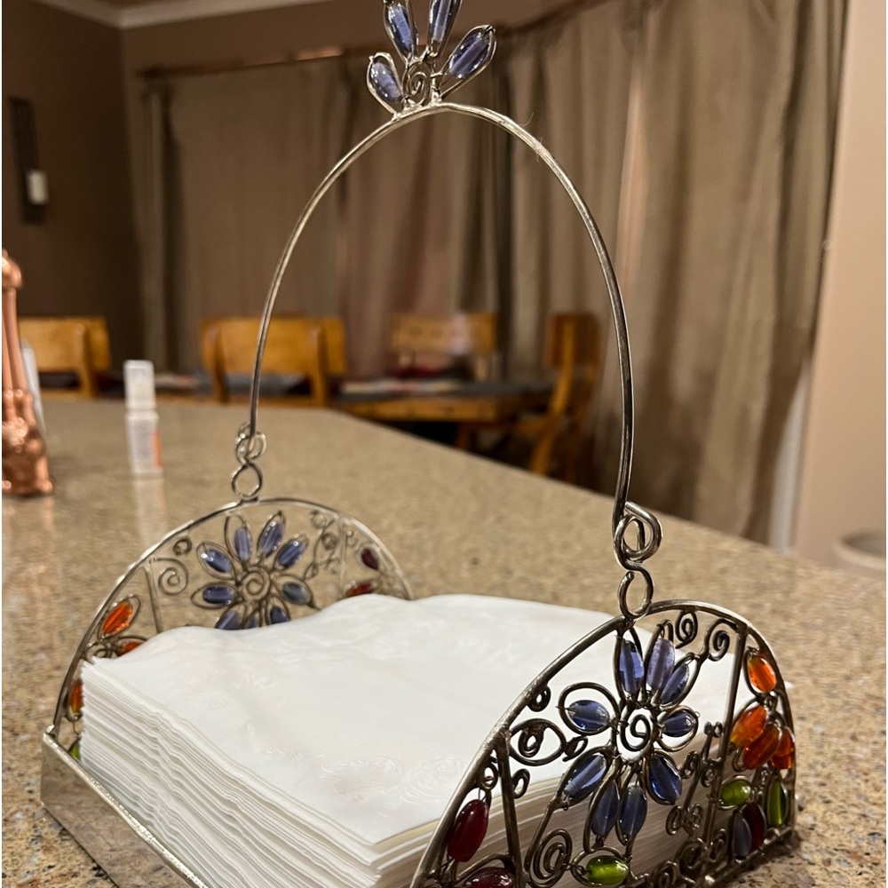 Vintage Glass Like Beaded Silver Napkin Holder with Beaded Handle - Picture 14 of 16